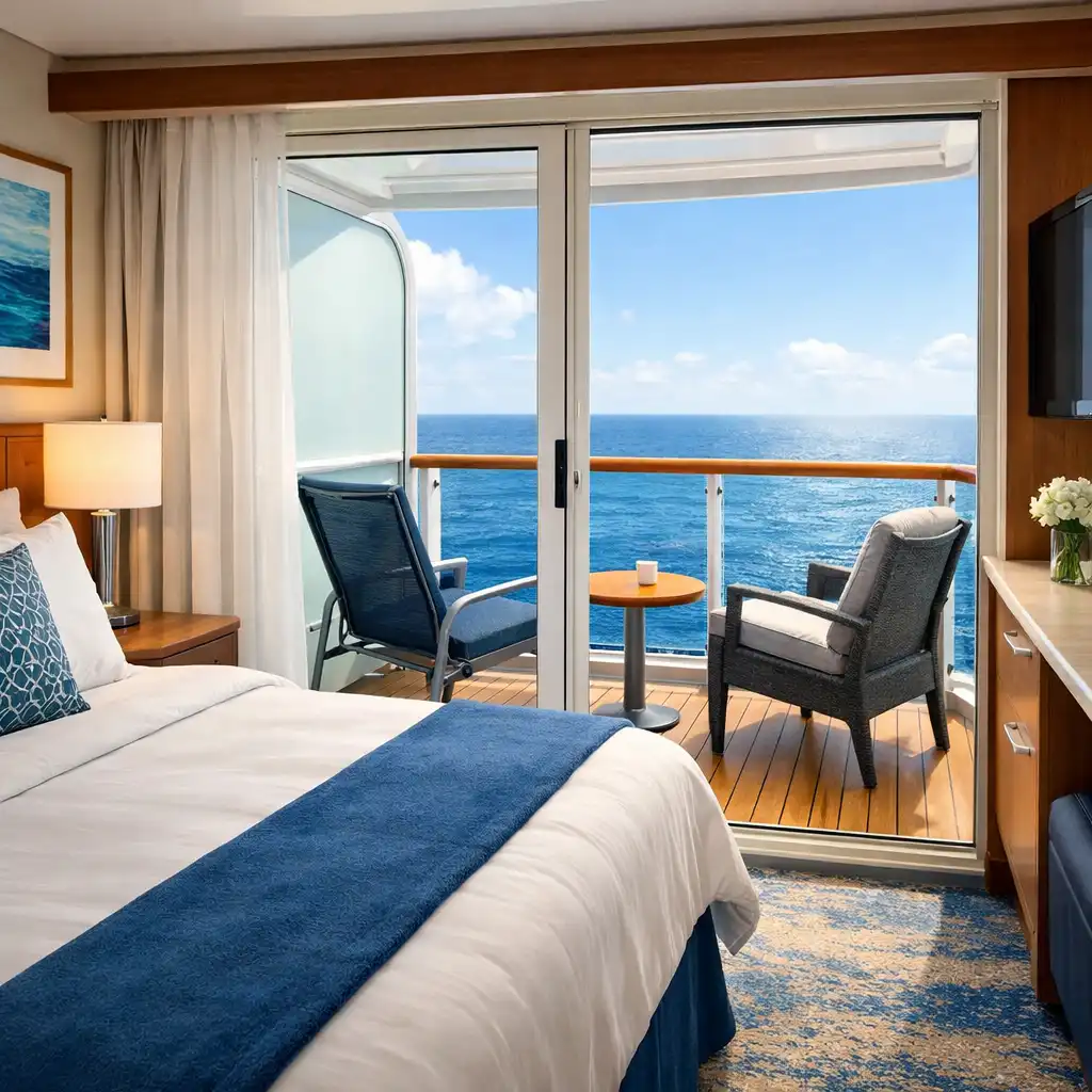 A cruise ship balcony cabin with the sliding glass door open to a private balcony overlooking the ocean