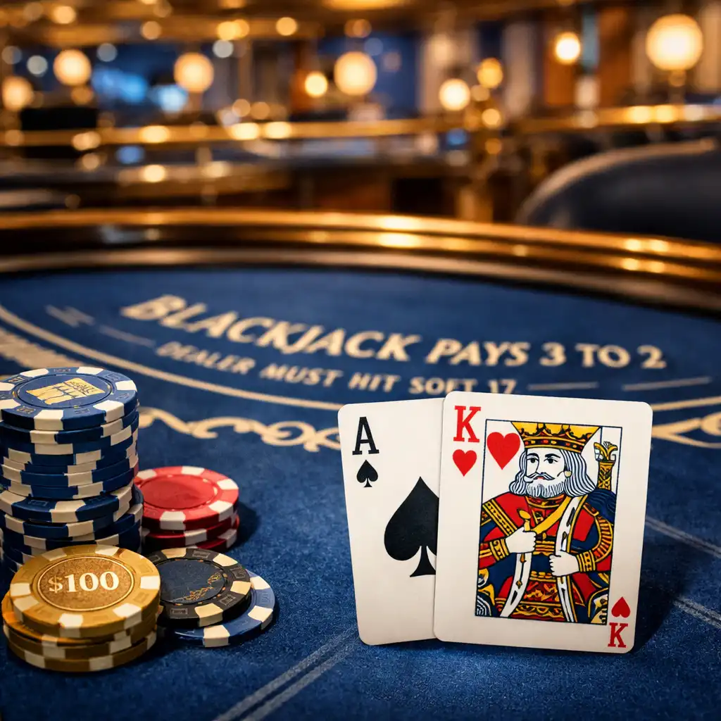 Close-up of a blackjack hand with ace of spades, king of hearts, and a stack of casino chips