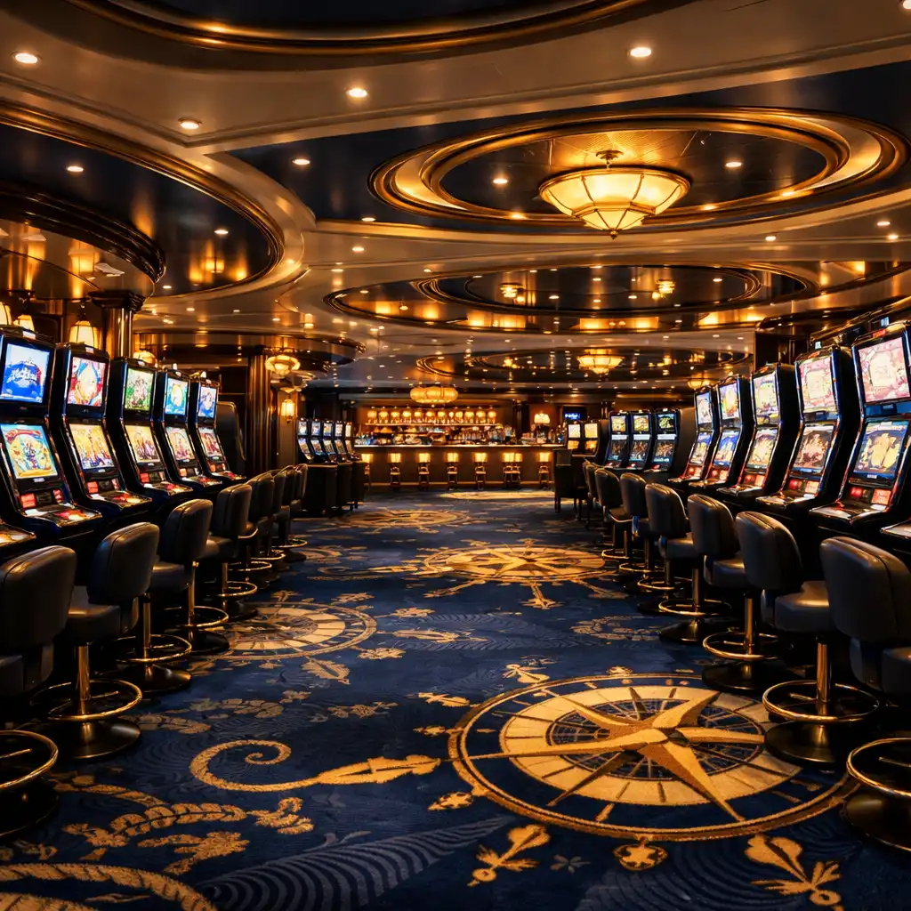 Panoramic view of a cruise ship casino floor with glowing slot machines and warm lighting