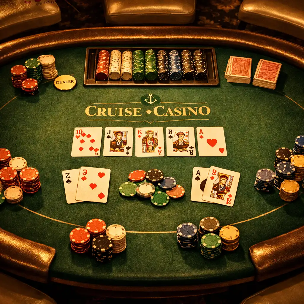 Overhead view of a cruise ship casino poker table with green felt, colorful chips, and playing cards