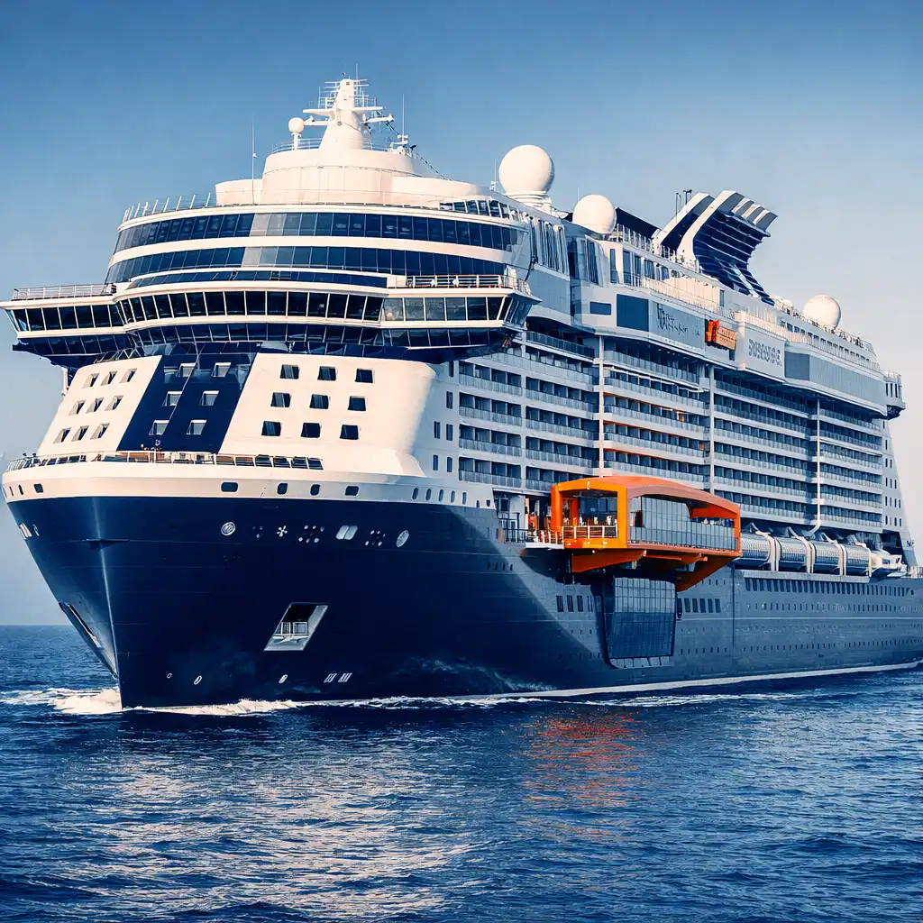 Celebrity Edge cruise ship from the front showing its unique outward-facing design and Magic Carpet platform