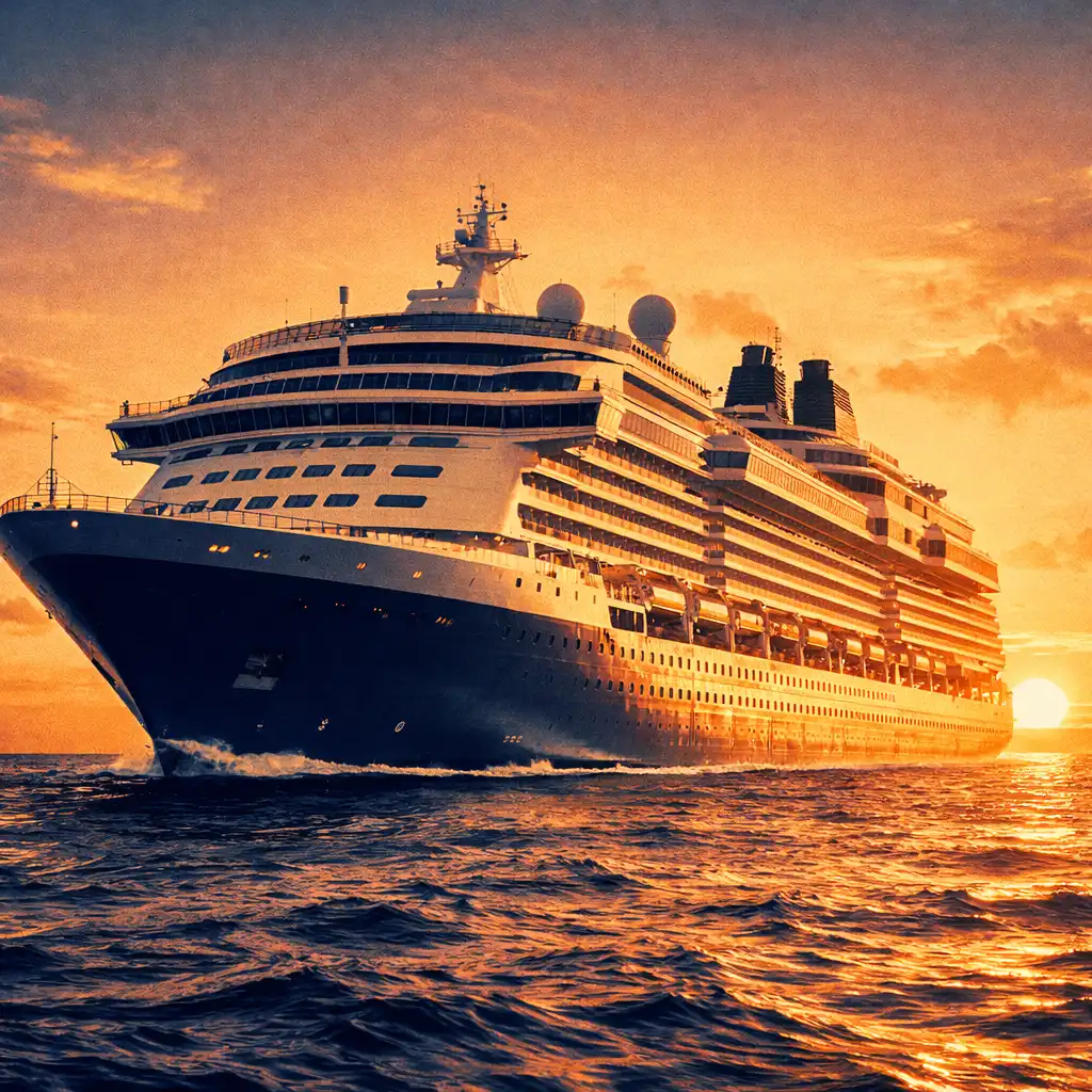 A majestic cruise ship sailing on calm ocean waters at golden hour