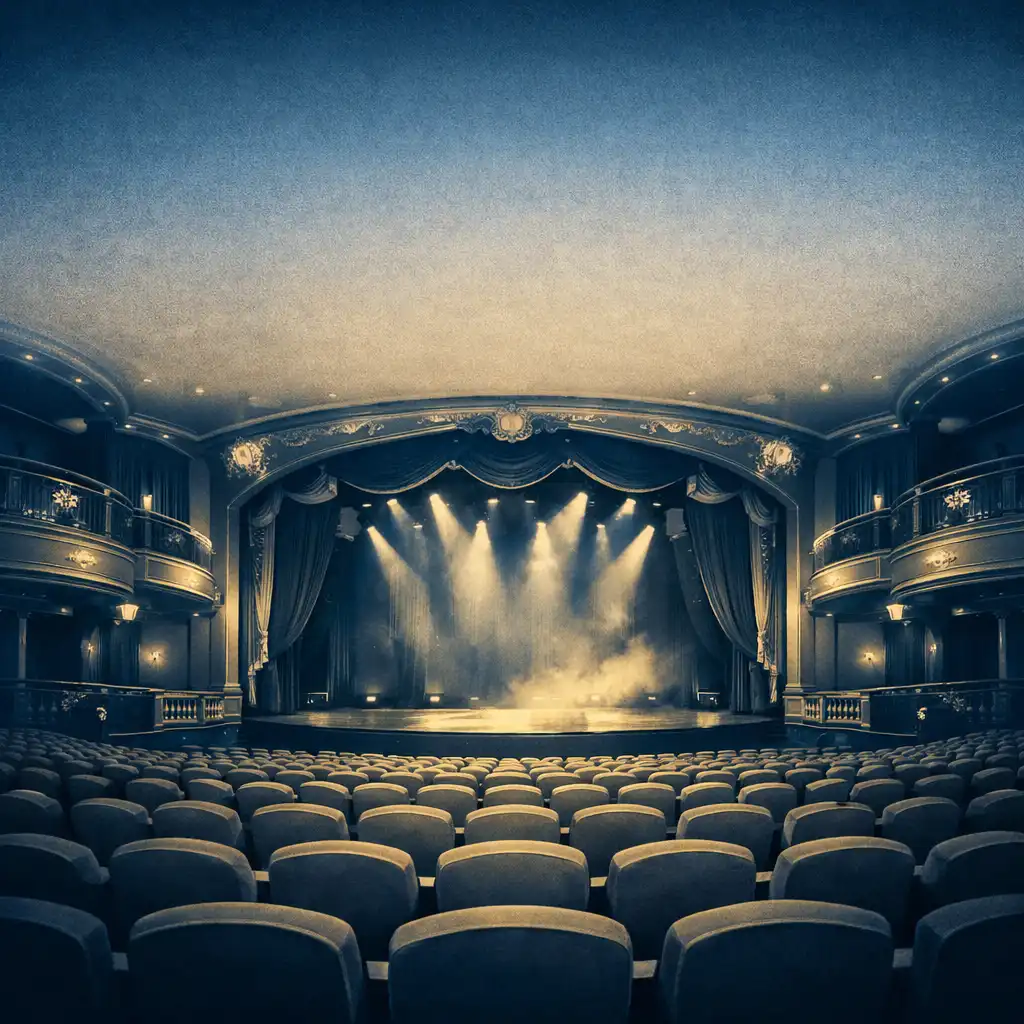 Grand cruise ship theater with plush red seats, ornate gold trim, and a dramatically lit stage