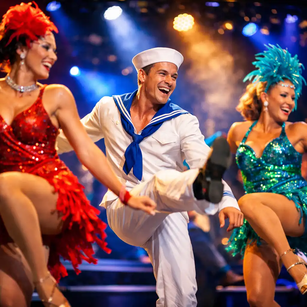 Performers in colorful costumes mid-dance on a cruise ship stage with dynamic spotlights