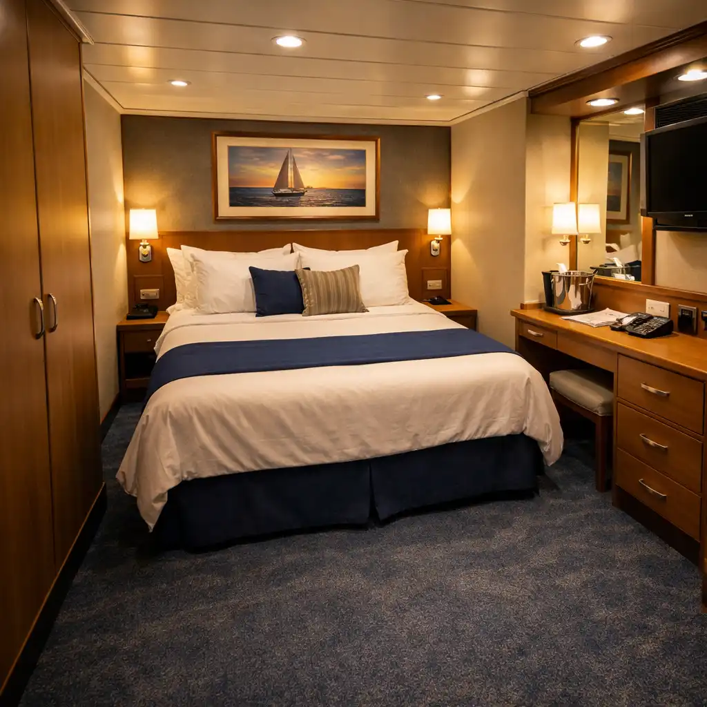 A typical cruise ship interior cabin with a neatly made bed, small desk, and closed storage, lit by warm artificial lighting