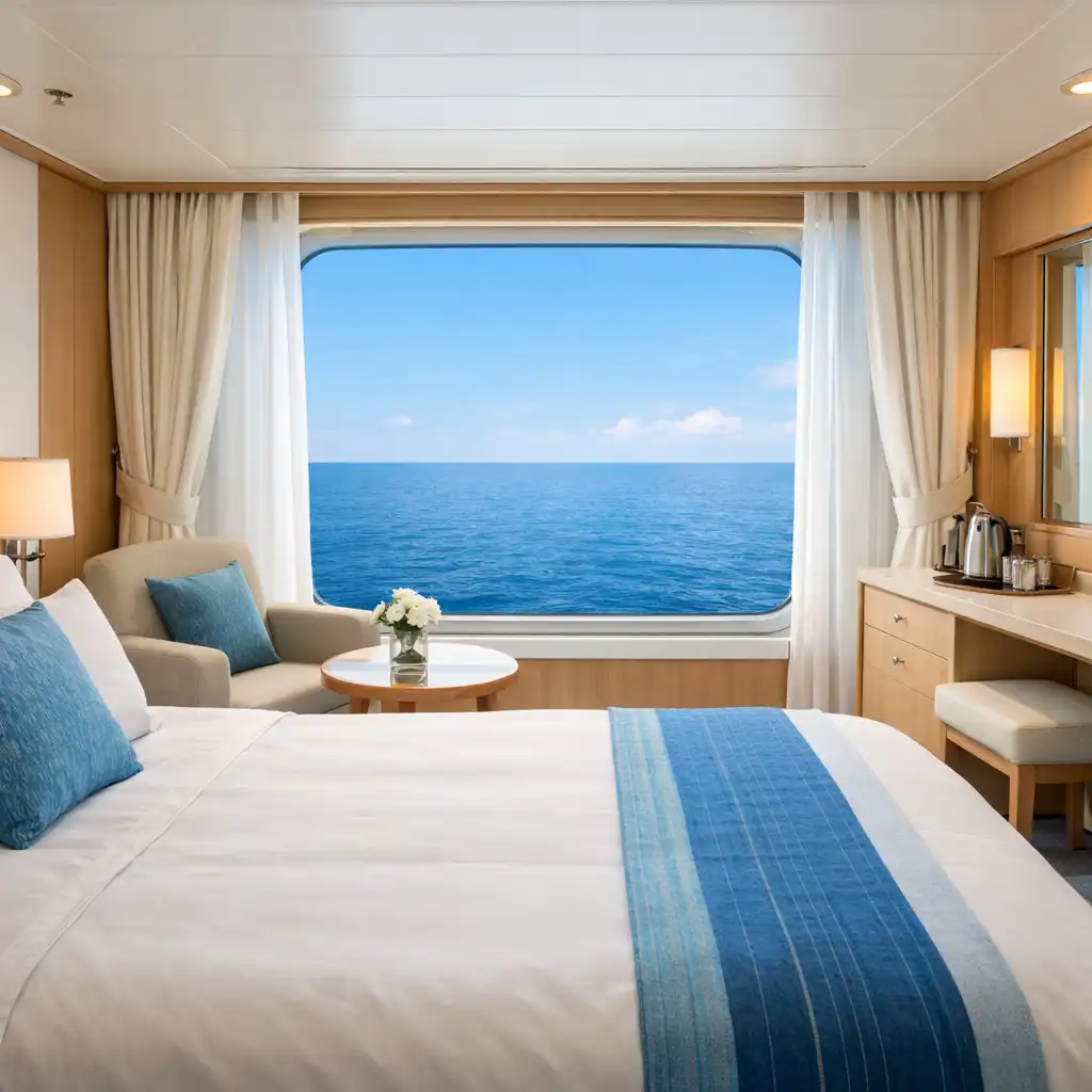 A cruise ship oceanview cabin with a large picture window revealing a calm blue sea and sky
