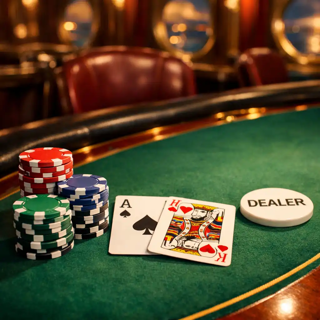 Close-up of a poker table with colorful chips, playing cards, and a dealer button