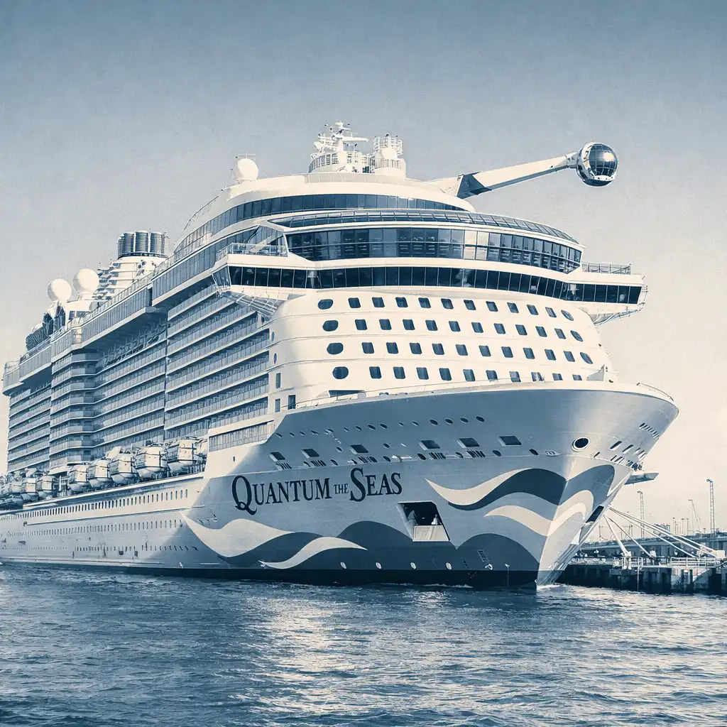 Quantum of the Seas cruise ship docked at a port, showing its distinctive hull art