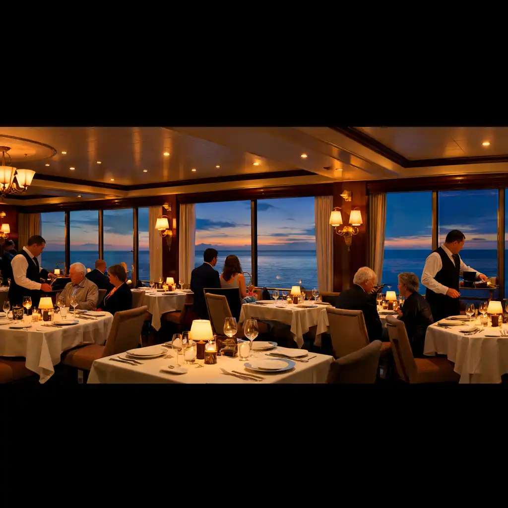 Panoramic view of an elegant cruise ship restaurant at dusk with ocean views, white tablecloths, and warm lighting