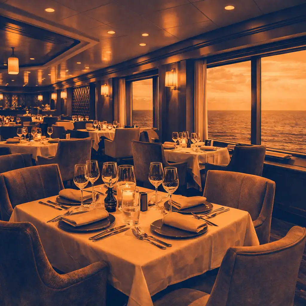 View of a cruise ship specialty restaurant with elegant table settings, upholstered chairs, and large ocean-view windows