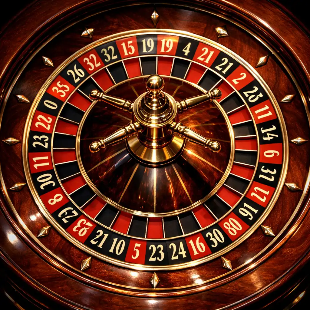 Close-up of a roulette wheel showing numbered red and black pockets and a brass central spindle