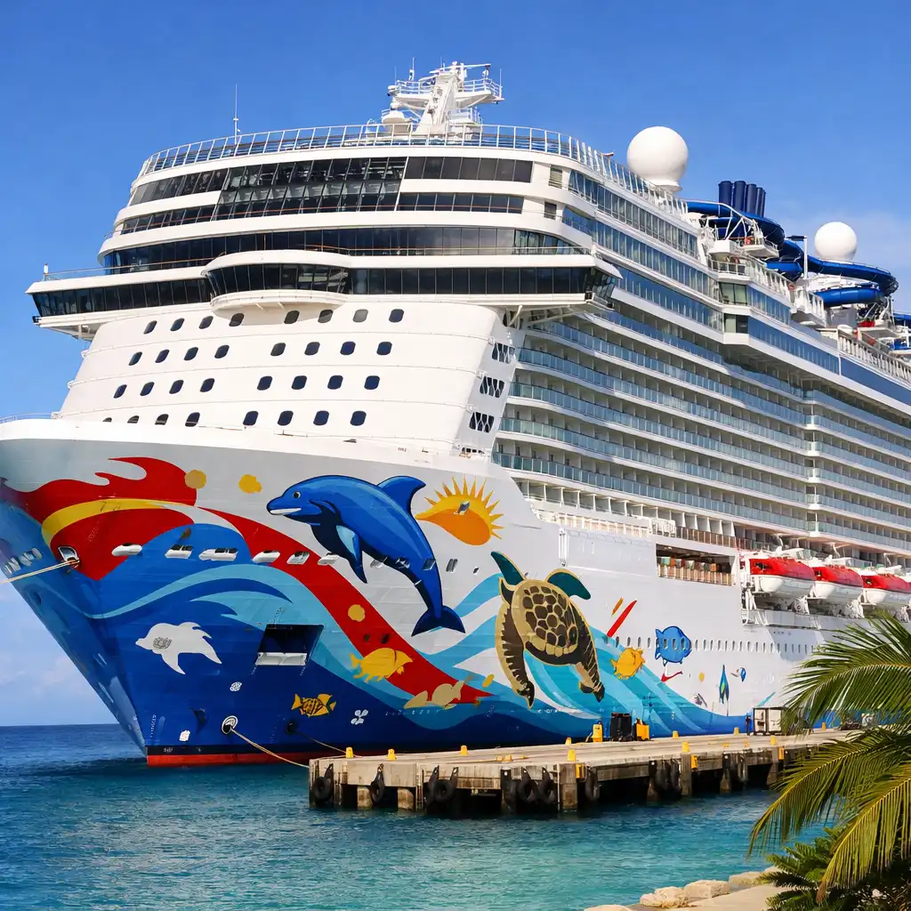 Exterior view of Symphony of the Seas docked at a tropical port