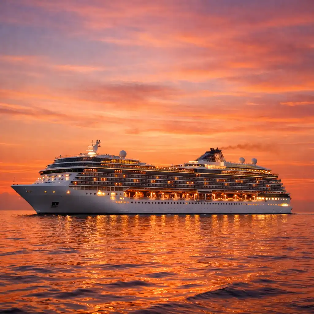 Carnival Celebration sailing at sunset with warm orange sky