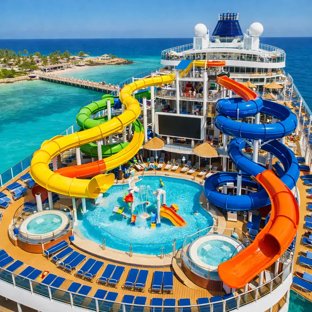 Norwegian Prima with colourful water slides on the top deck