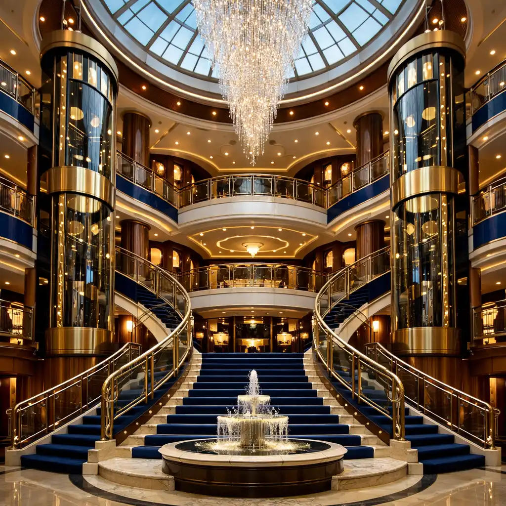 Interior of a grand cruise ship atrium with sweeping staircases