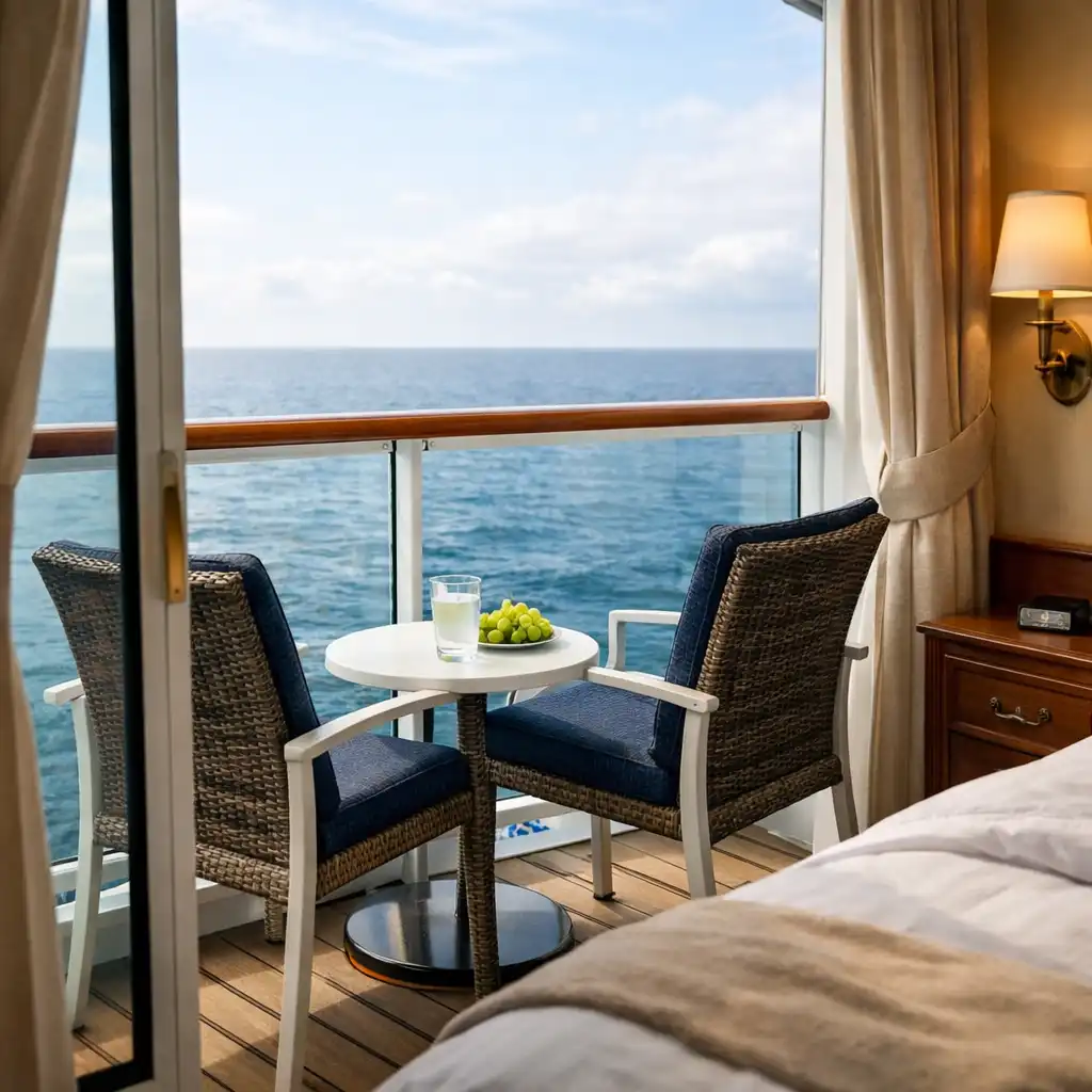 Close-up of a cruise ship stateroom balcony with ocean view
