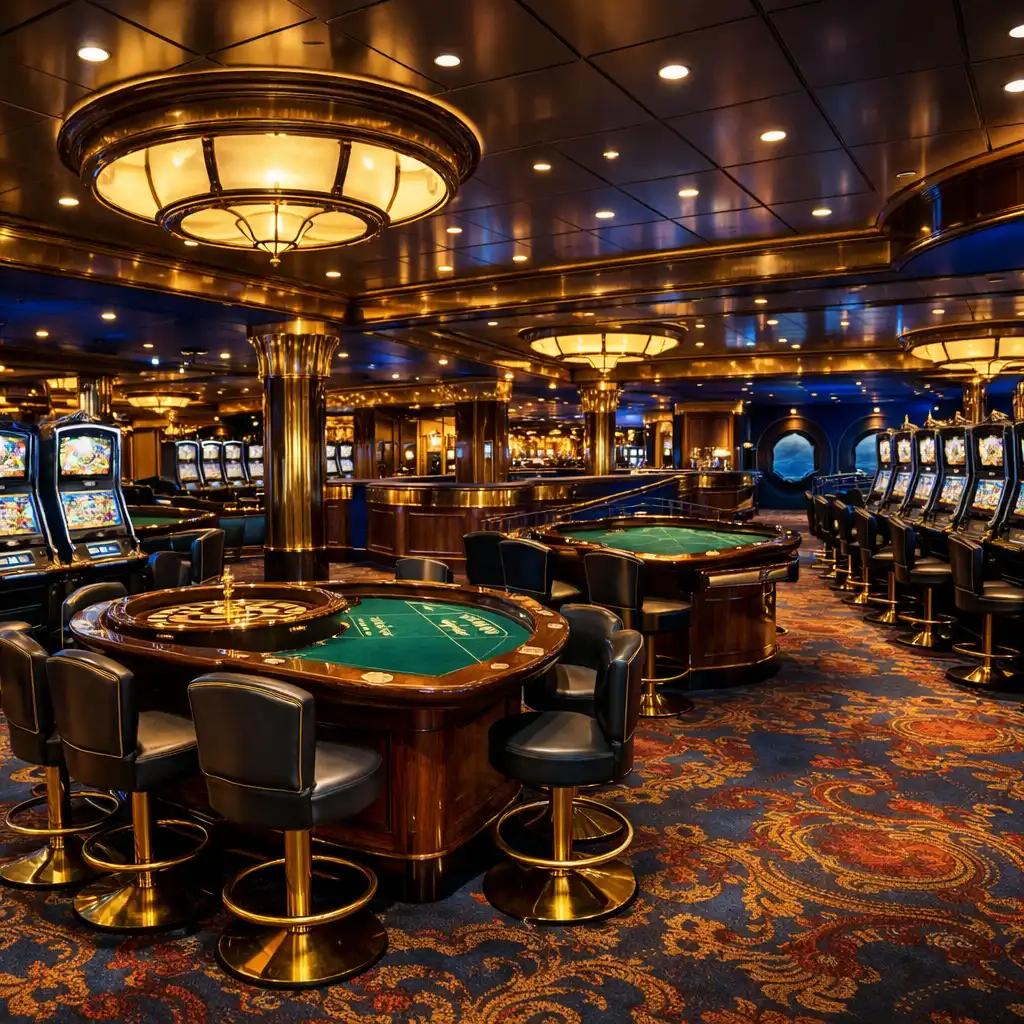 Onboard casino with rows of slot machines and gaming tables