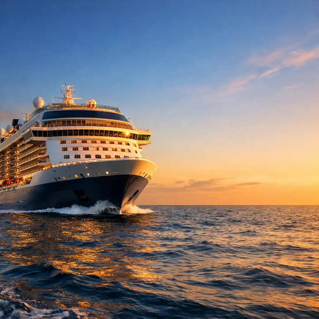 A majestic cruise ship sailing on calm deep blue ocean at golden hour