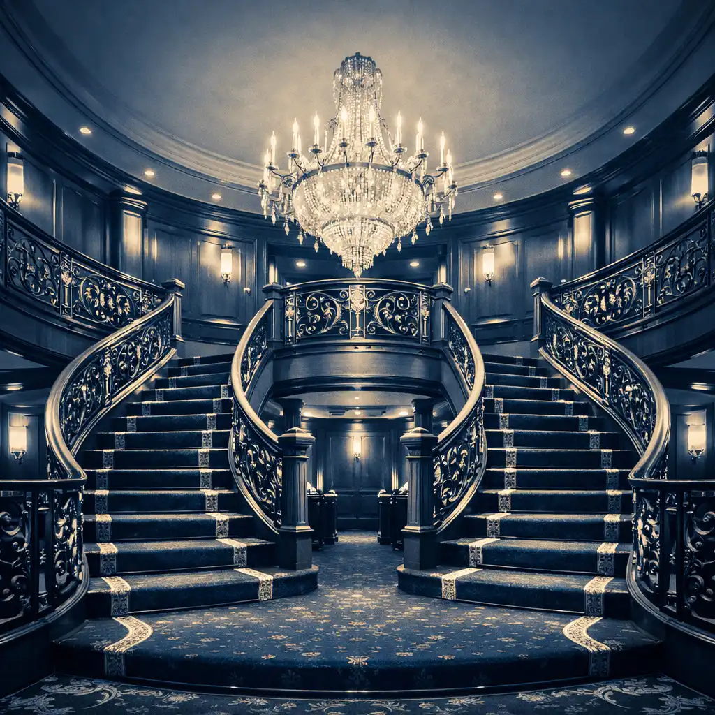 Close-up of an elegant cruise ship interior grand staircase with ornate railings and a crystal chandelier