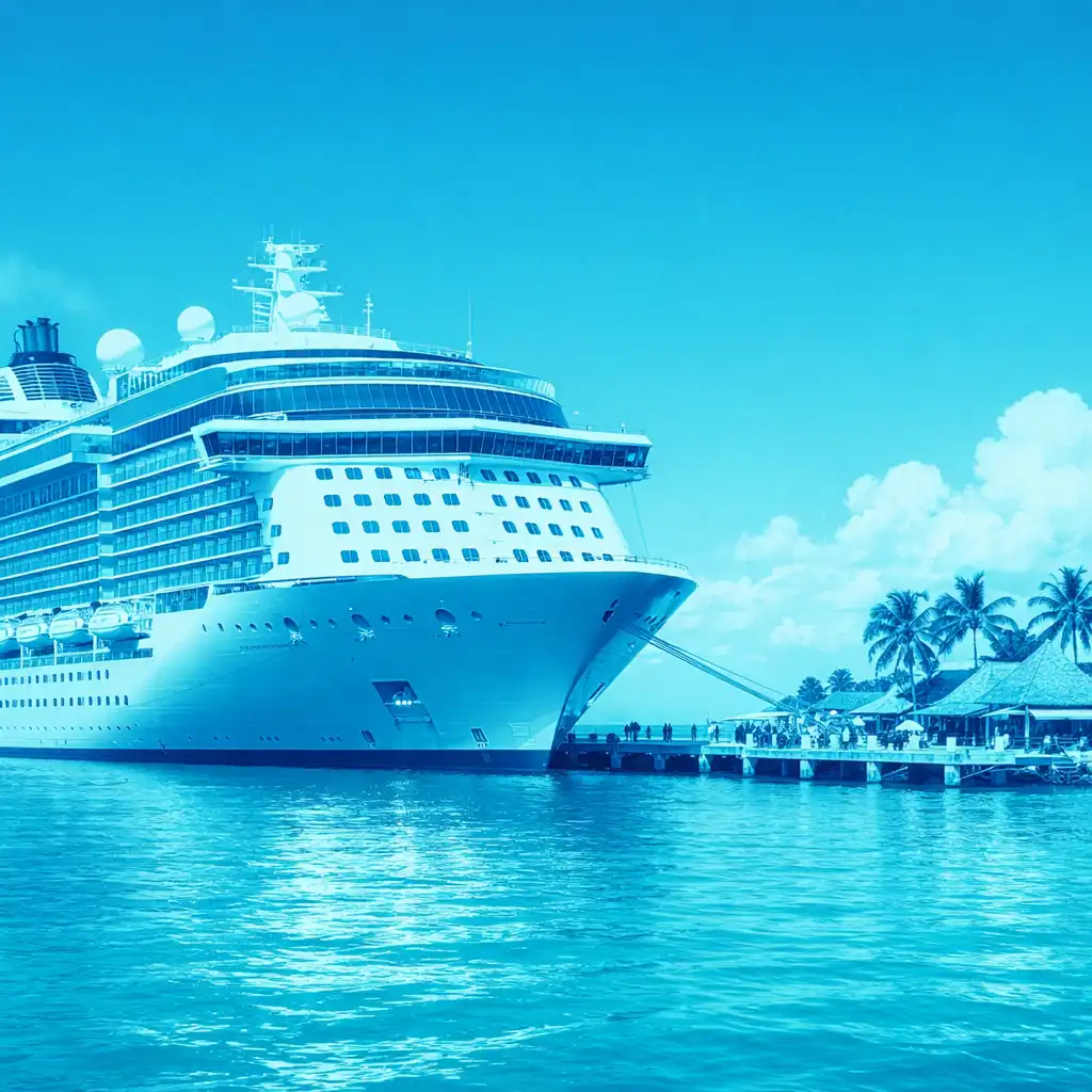 A modern cruise ship docked at a tropical port with turquoise water and palm trees