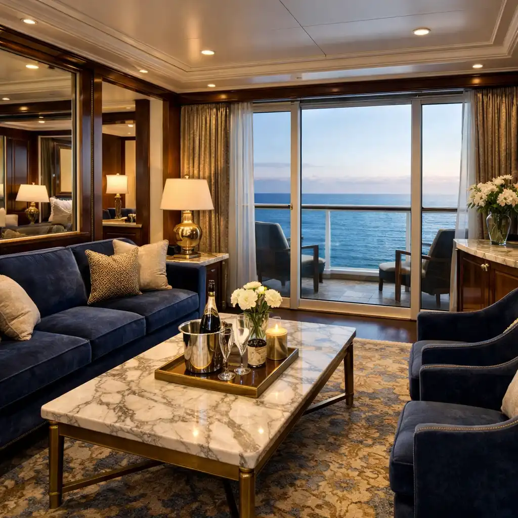 A luxurious cruise ship suite with a separate living area, plush sofa, coffee table, and floor-to-ceiling windows showing the sea